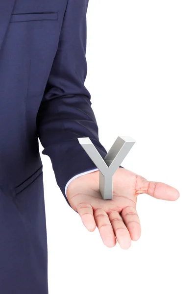 Business man holding a 3d letter in hand palm — Stock Photo, Image