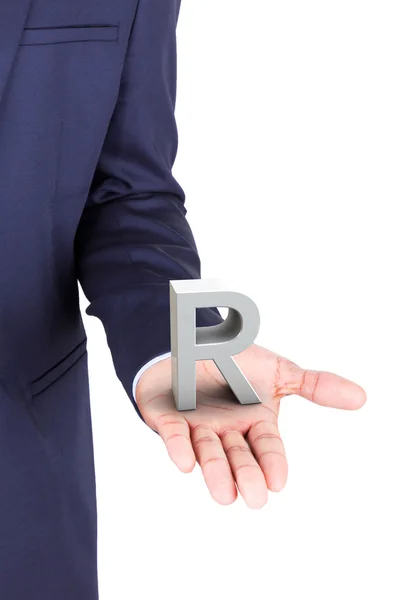 Business man holding a 3d letter in hand palm — Stock Photo, Image