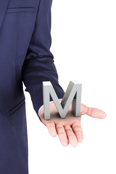 Business man holding a 3d letter in hand palm — Stock Photo, Image