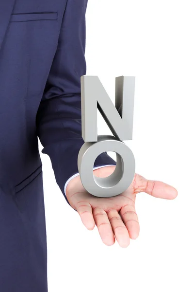 Business man holding a 3d word no in hand palm — Stock Photo, Image
