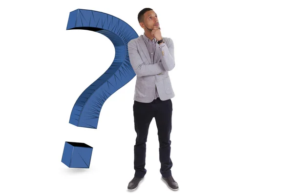 Young thoughtful african american man surrounded by question ma — Stock Photo, Image