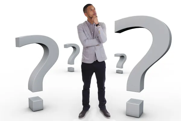 Young thoughtful african american man surrounded by question ma — Stock Photo, Image