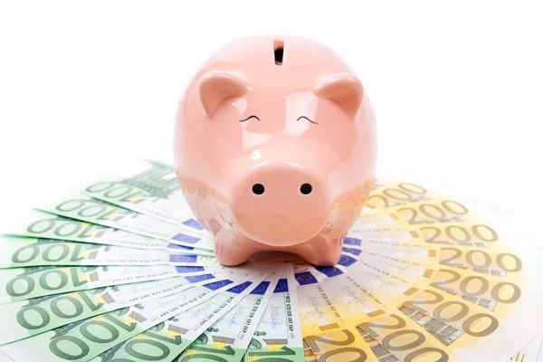 Smiling Piggy bank with euro bills — Stock Photo, Image