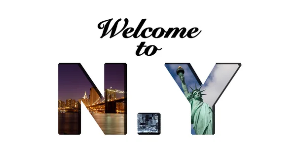 Üdvözöljük new york szöveg és fotó kollázs — Stock Fotó