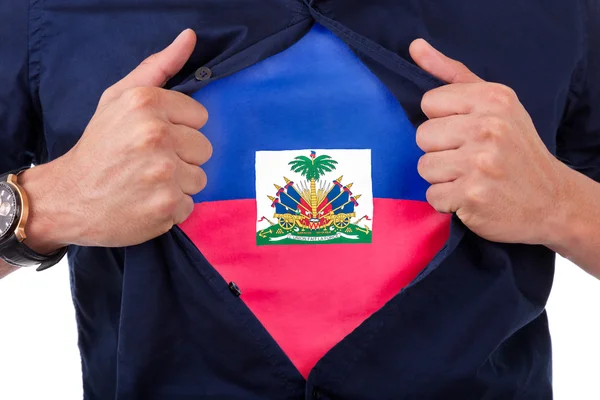 Joven fanático del deporte abriendo su camisa y mostrando la bandera de su cuenta —  Fotos de Stock