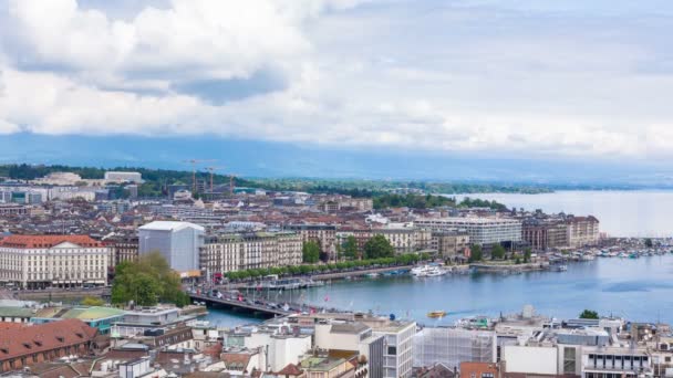 Timelapse av Geneva Mont Blanc överbryggar från den Saint-Pierre domkyrkan-Schweitz — Stockvideo