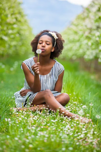 Outdoor portrait of a young beautiful african american woman blo — Stock Photo, Image