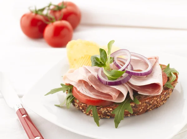 Sandwich mit Truthahn und Schinken und Kartoffelchips — Stockfoto