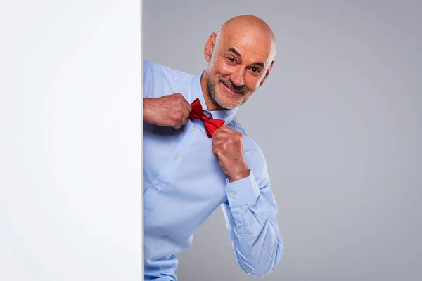 Studio Shot Funny Faced Middle Aged Man Looking Out White — Stock Photo, Image