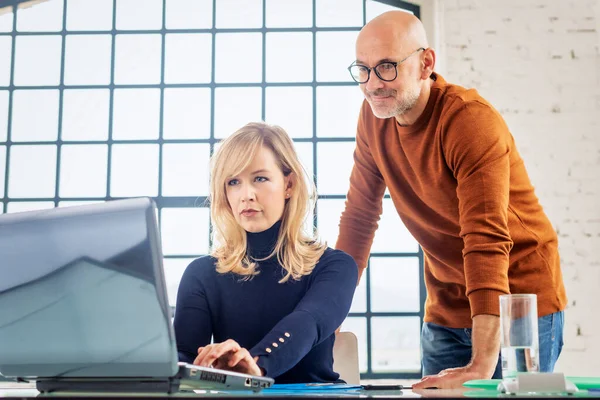 Ofiste Birlikte Çalışan Bir Grup Sıradan Adamı Kadını Dizüstü Bilgisayarının — Stok fotoğraf