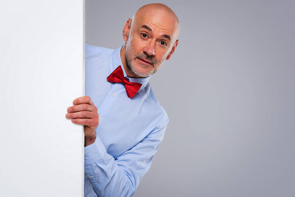 Studio Shot Funny Faced Middle Aged Man Looking Out White Stock Photo