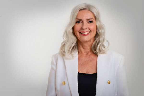 Portrait Attractive Grey Haired Woman Wearing Blazer While Standing Isolated Stock Picture