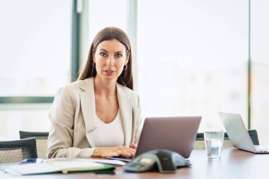 Beautiful businesswoman working on her computer while sitting at the office. 