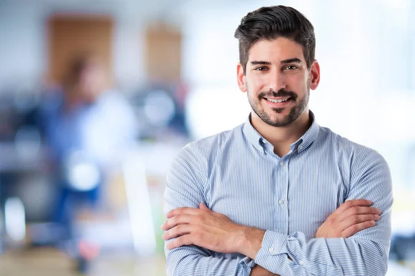 Portait Handsome Businessman Standing Arms Crossed Office Copy Space Smiling — Stock Photo, Image