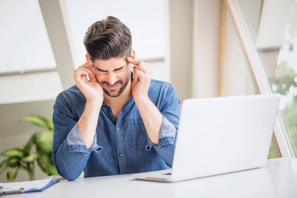Shot Stressed Businessman Sitting Desk Office Laptop Professional Man Rubbing — Stockfoto