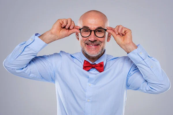 Portrait Caucasian Mature Man Wearing Shitr Bow Tie Confident Male — Foto de Stock