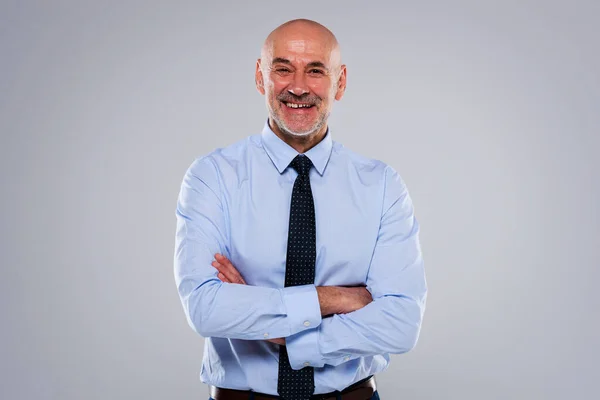 Portrait Smiling Caucasian Mature Businessman Confident Male Professional Arms Crossed — Stockfoto