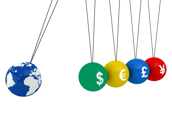 Kyvadlo 3d koule s globe a měna — Stock fotografie