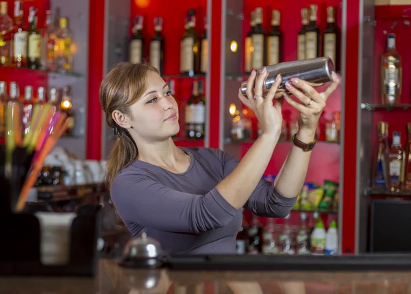 Barman dziewczyna za ladą — Zdjęcie stockowe