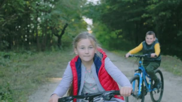 Gyermekek bicikliznek az erdő közelében — Stock videók