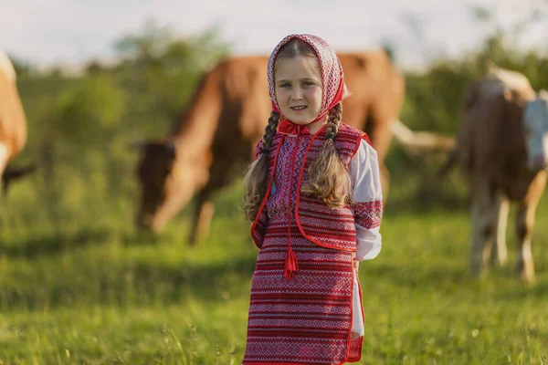 小女孩在草坪上放牛 — 图库照片