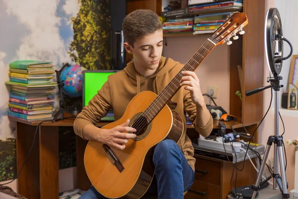 Boy Playing Guitar His Room — Stock Photo, Image