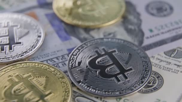 Bitcoin érmék dollárokon nyugszanak — Stock videók