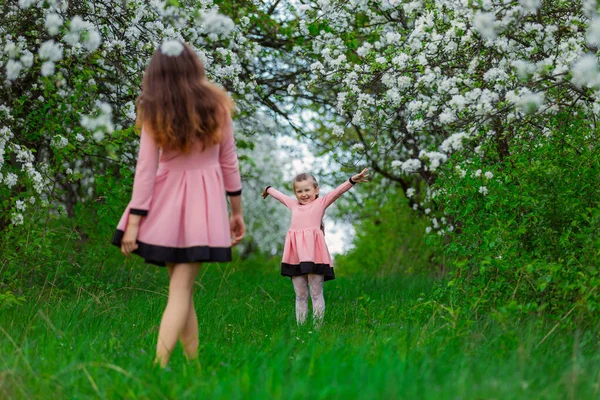 Madre e hija están caminando por el jardín floreciente —  Fotos de Stock