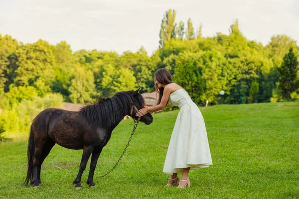 Frau streichelt ein Pony — Stockfoto