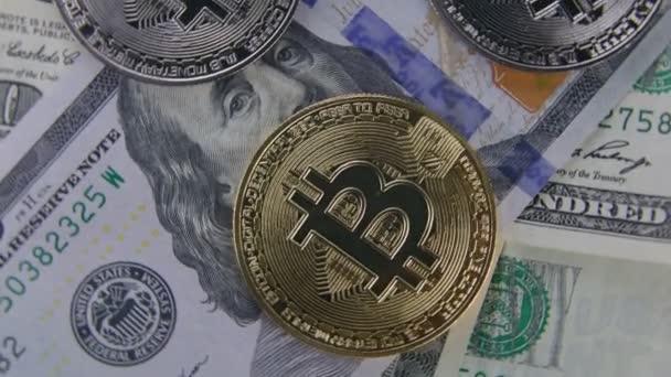 Bitcoin leży na banknotach dolarowych — Wideo stockowe