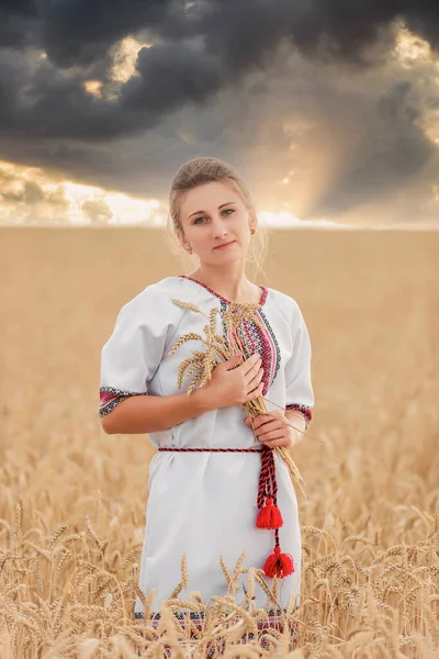 Fille en vêtements nationaux ukrainiens dans un champ de blé — Photo