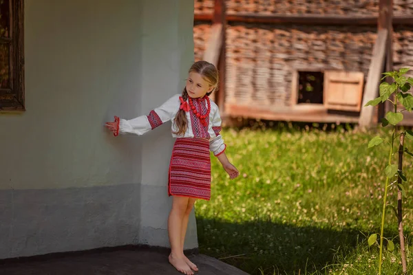 身着乌克兰传统服装的女孩在院子里玩耍 — 图库照片