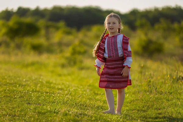 身着乌克兰服装的女孩在草坪上散步 — 图库照片
