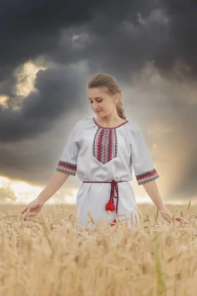 Flicka i ukrainska nationella kläder på ett vetefält — Stockfoto