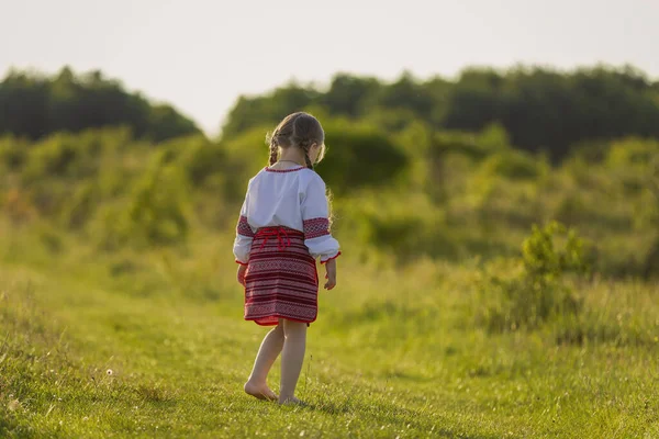 ウクライナのドレスの女の子が芝生の上を歩く — ストック写真