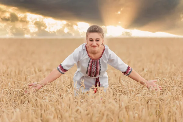 Chica en vyshyvanka en un campo de trigo —  Fotos de Stock