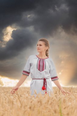 Vyshyvanka 'da buğday tarlasında bir kız