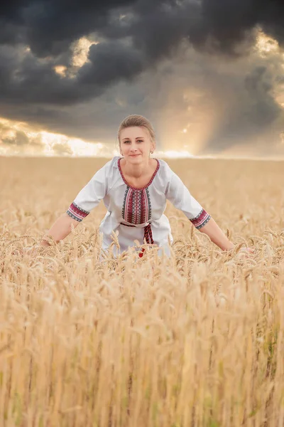 Girl in vyshyvanka in a wheat field — стоковое фото