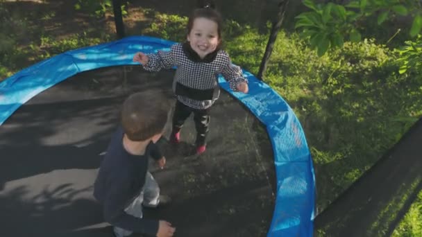 Två barn har kul hoppa på en studsmatta — Stockvideo