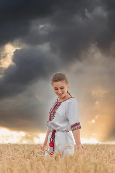 Chica en vyshyvanka en un campo de trigo — Foto de Stock