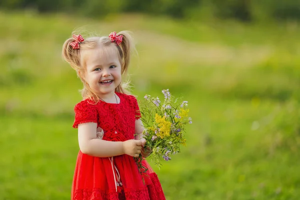 穿着红色衣服的女孩 草坪上有一束野花 — 图库照片