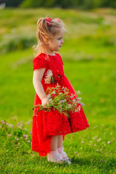 Girl Red Dress Bouquet Wild Flowers Lawn — Stock Photo, Image