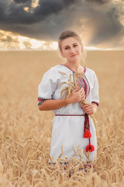 Mädchen Der Ukrainischen Nationaltracht Vor Dem Hintergrund Eines Weizenfeldes Und — Stockfoto
