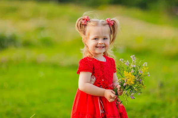 Menina Vestido Vermelho Com Buquê Flores Silvestres Gramado — Fotografia de Stock