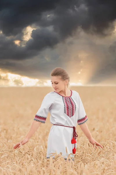 Девушка Украинском Национальном Костюме Фоне Пшеничного Поля Закатного Солнца — стоковое фото