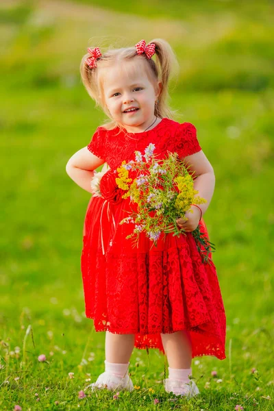 Flicka Röd Klänning Och Med Bukett Vilda Blommor Gräsmattan — Stockfoto