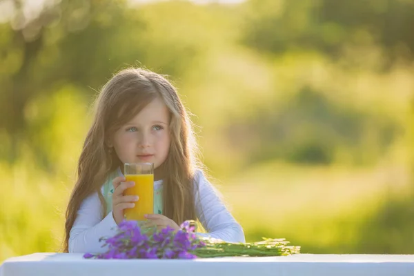 Little Girl Nature Glass Orange Juice — Stock Photo, Image
