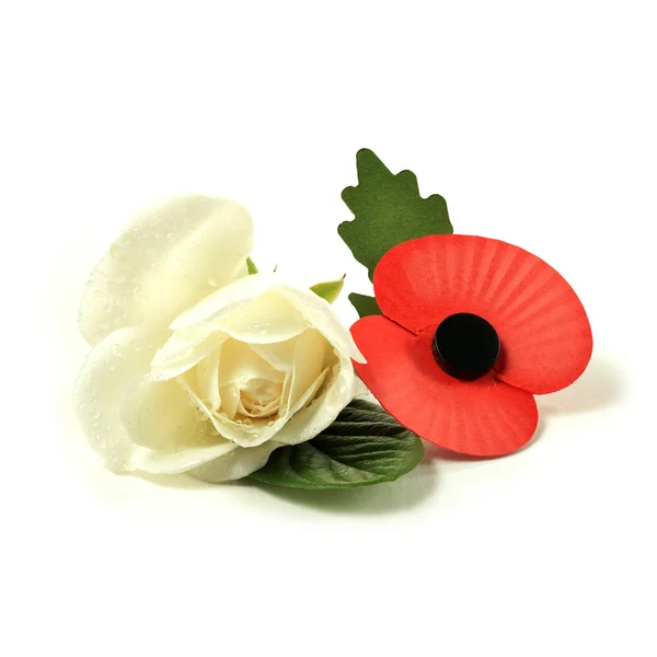 White Rose And Remembrance Poppy — Stock Photo, Image