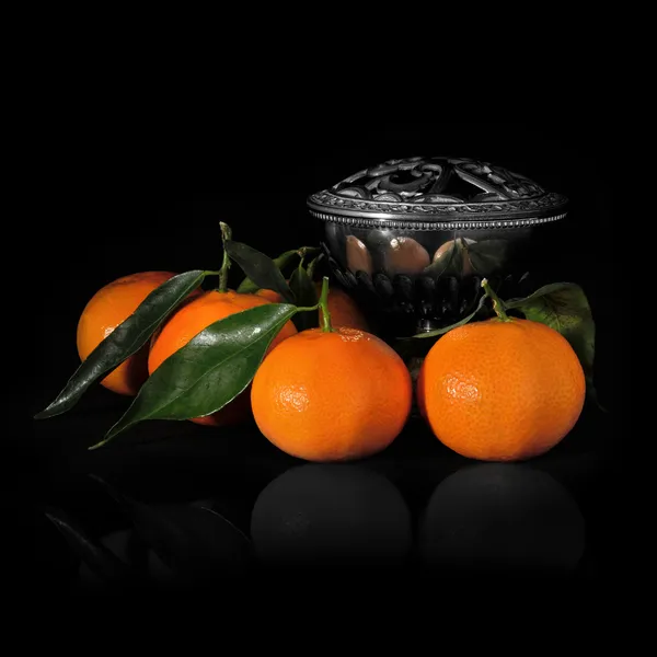 Clementines And Silver — Stock Photo, Image