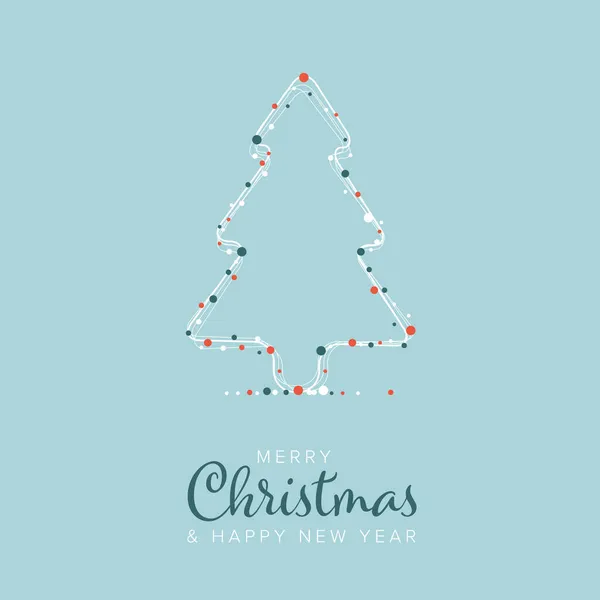 クリスマスツリーのアイコンの形と装飾的な白赤と青の円のドットとライトブルーの背景に白い雪片とミニマリストクリスマスフライヤーカードテンプレート — ストックベクタ